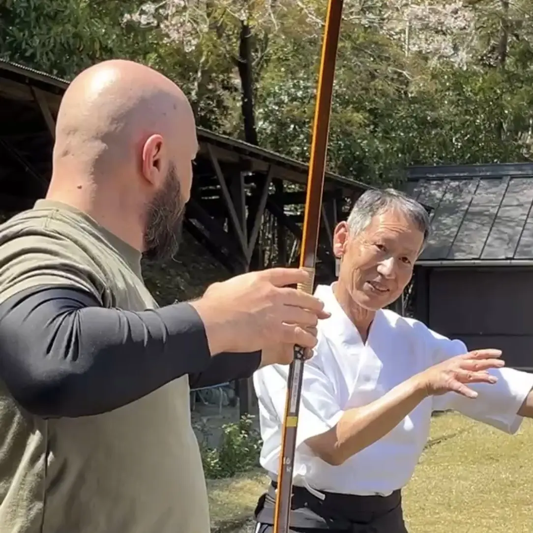 Olgun is learning about Yumi (traditional Japanese long bow) in Mie Prefecture Japan from Urano Yuji Sensei [7th Dan Kyudo]